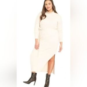NWT - Eloquii Sweater Dress Women 26/28 Maxi Funnel Neck Ivory Cream with Belt